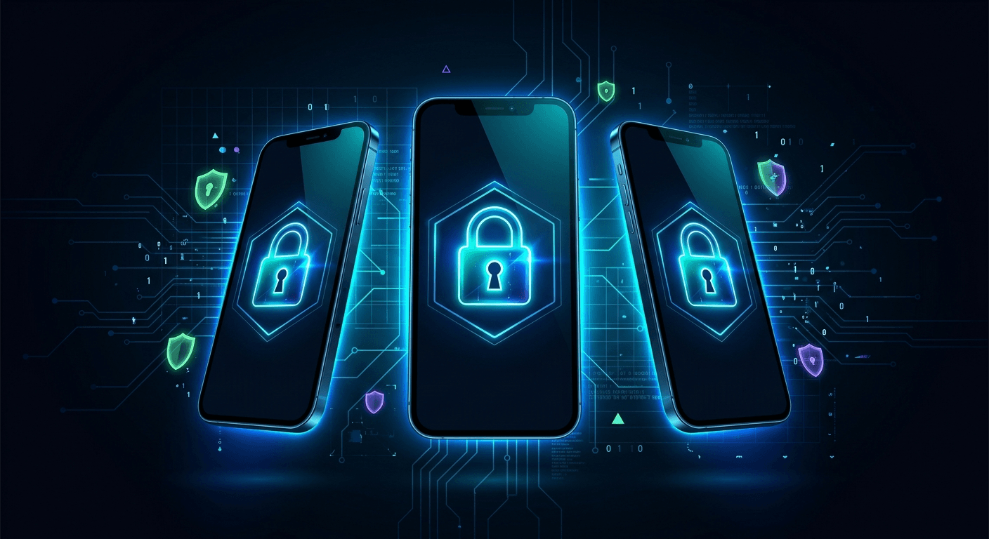 A dark-themed cybersecurity illustration showing three smartphone screens with neon blue lock icons and green/purple security shields on a deep navy background, representing the 2026 security comparison report.